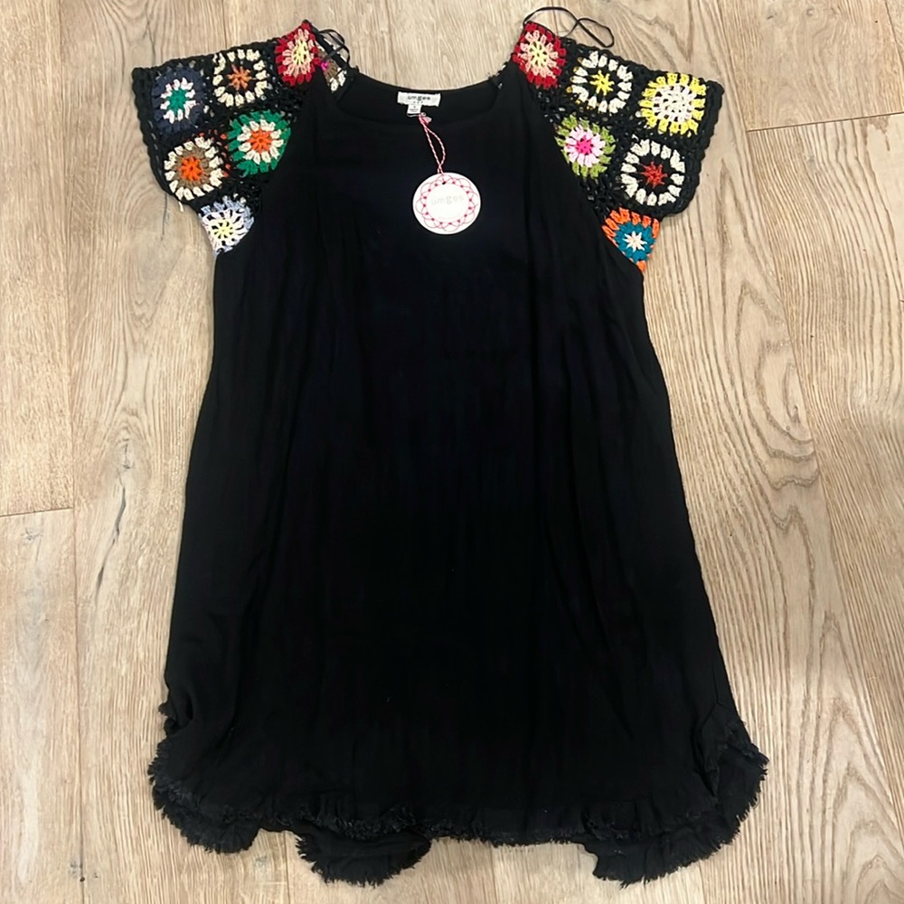Umgee Crochet Sleeve Black Bohemian Dress Knee Length Linen. Size small